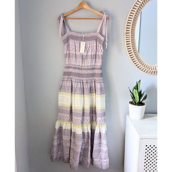 TORY BURCH Smocked Silk Maxi Dress, Bow Straps, Purple, 100 % Silk, size 4, NWT - Picture 1 of 6